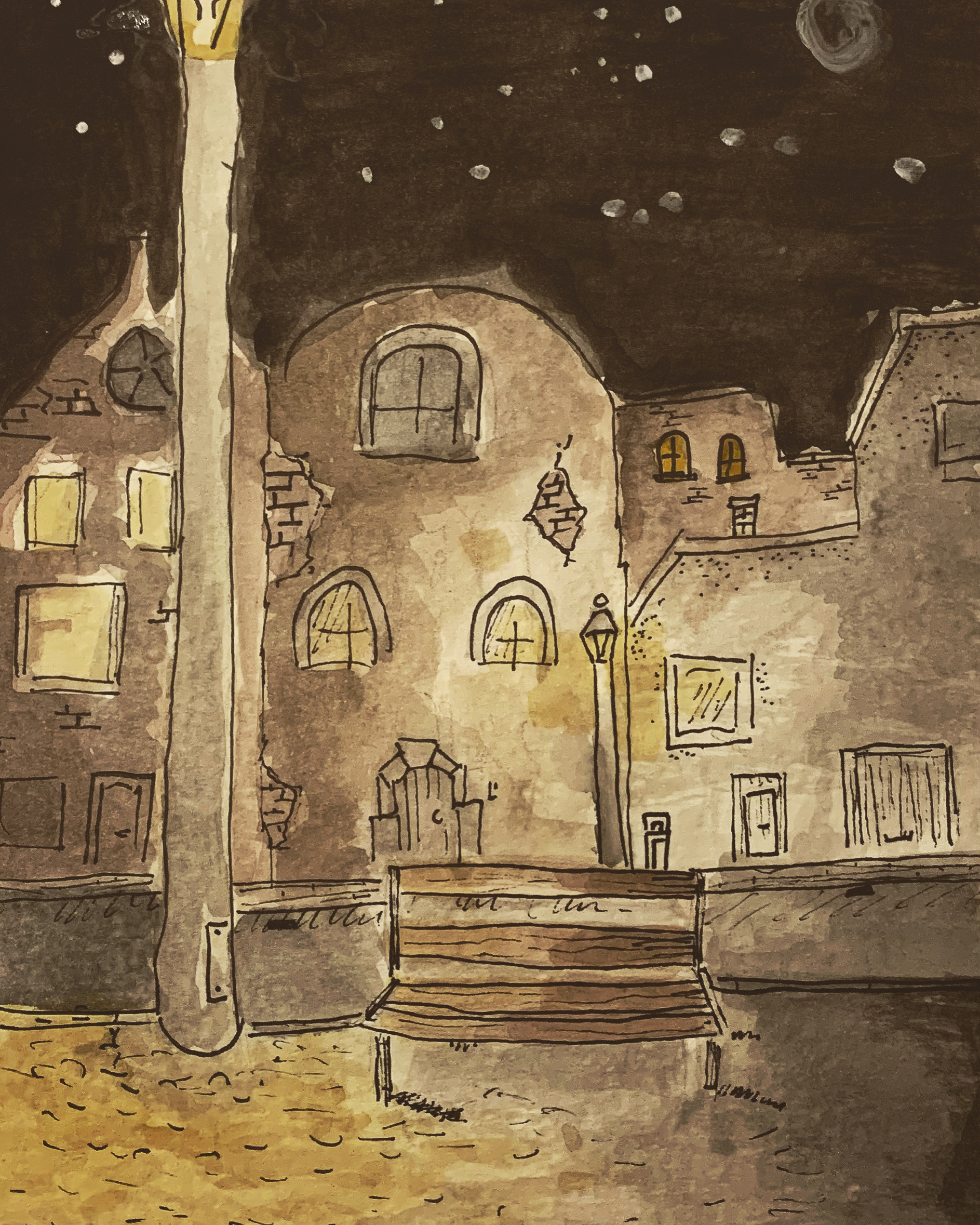 Painting of houses at night